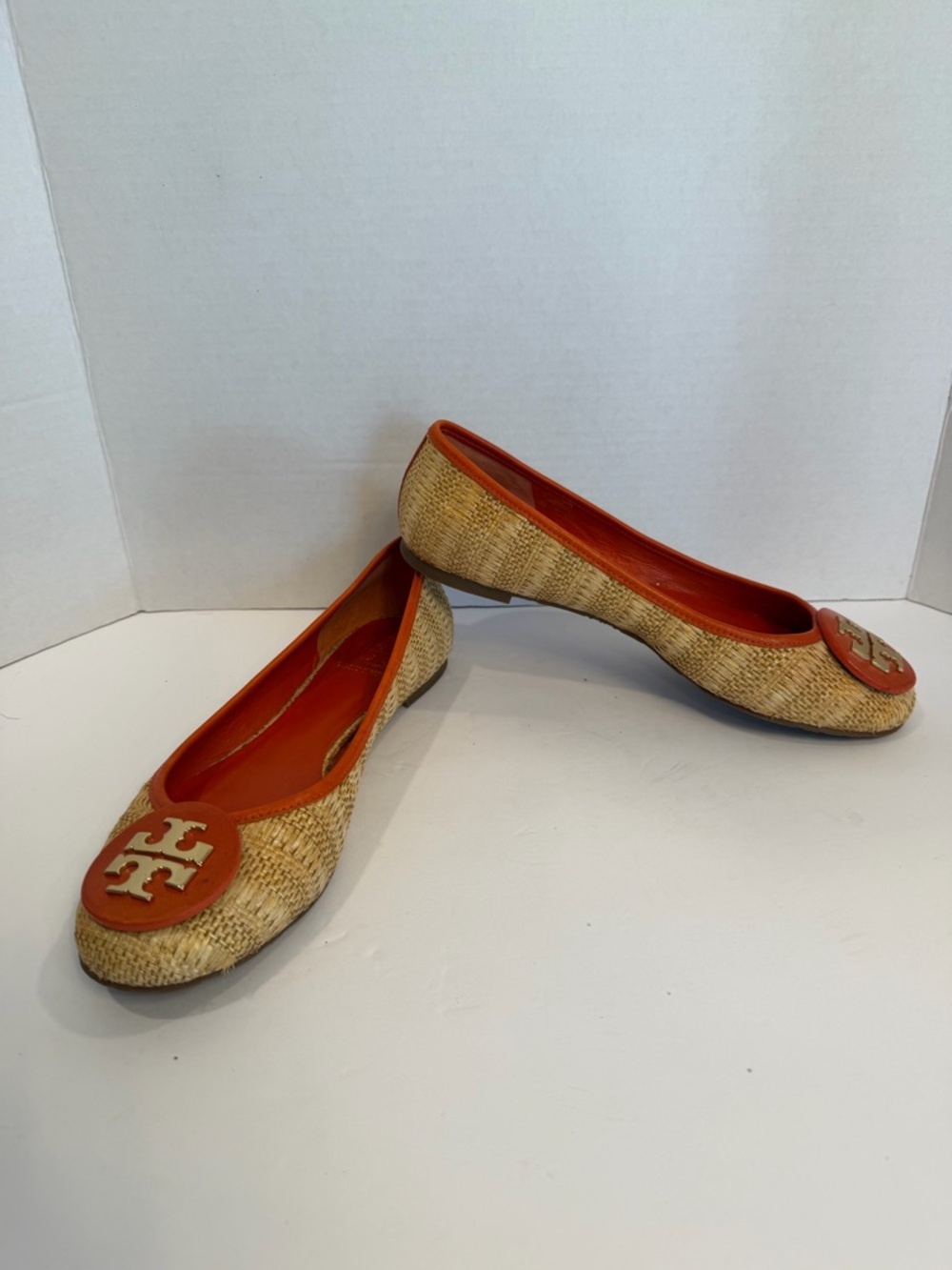 TORY BURCH Reva woven raffia wicker logo toe ballet flats size 9M